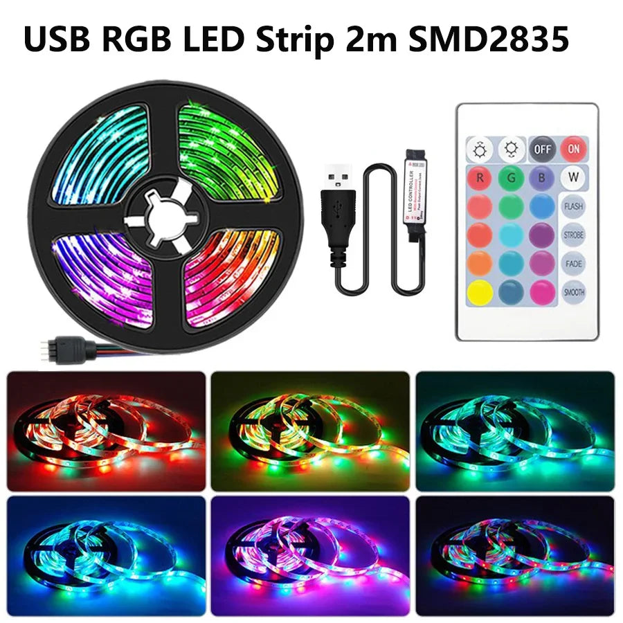 2m USB LED Strip Lights | RGB SMD2835 TV Background Lighting with IR Remote