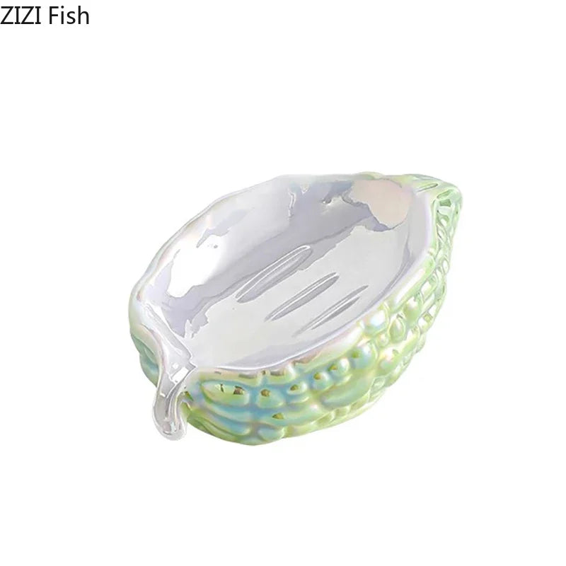 DecorBites™ Bitter Gourd Ceramic Soap Dish - Bathroom Accessories Drainage Rack & Storage Container