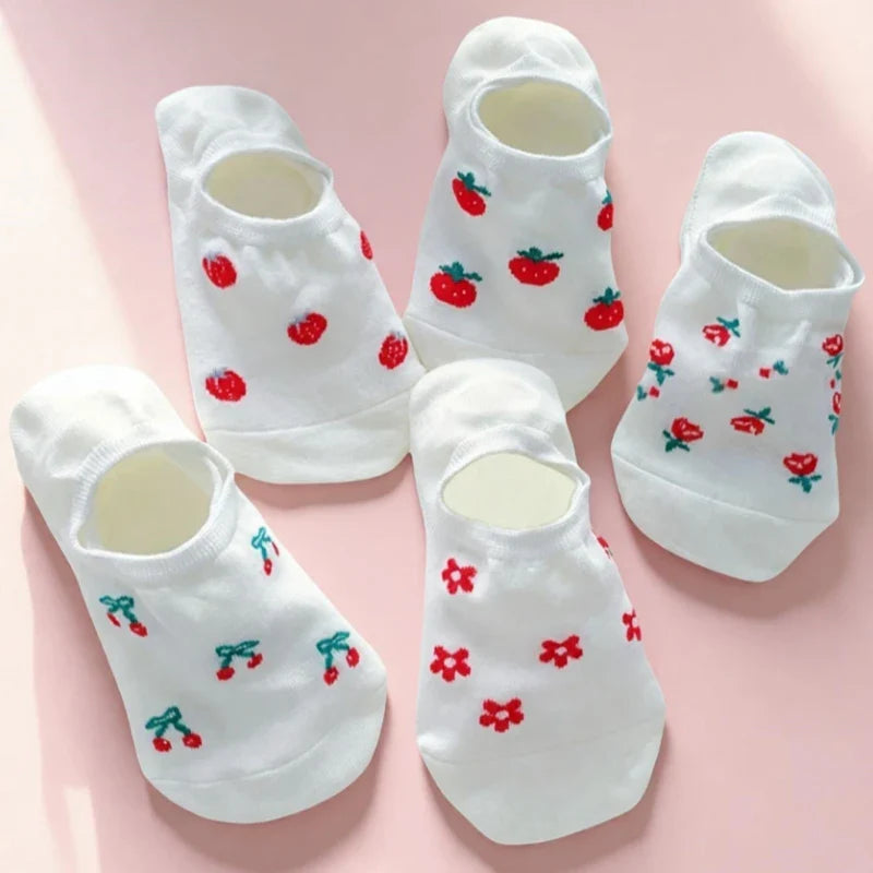 Cherry Print No-Show Boat Socks | Women's Thin Breathable Summer Socks