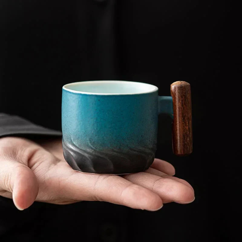 DecorBites™ Gradient Glaze Ceramic Coffee Cup with Wooden Handle for Home and Office