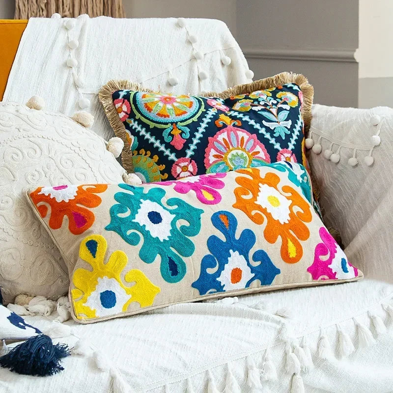 DecorBites™ Embroidered Flower Boho Long Cushion Covers for Bedroom and Sofa