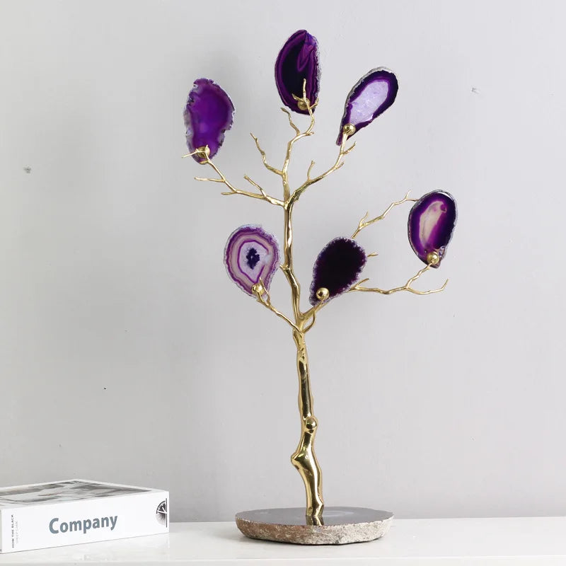 DecorBites™ Agate Tree Metal Handicraft: Golden Tree with Natural Agate Tablets