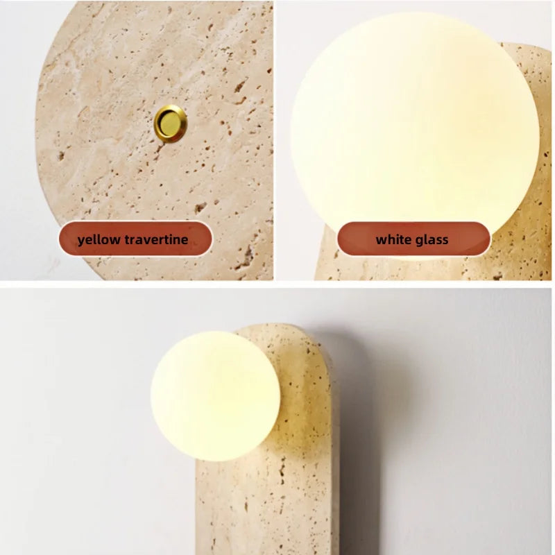 DecorBites™ LED Button Switch Wall Light in Yellow Travertine White Glass - Modern Nordic Design