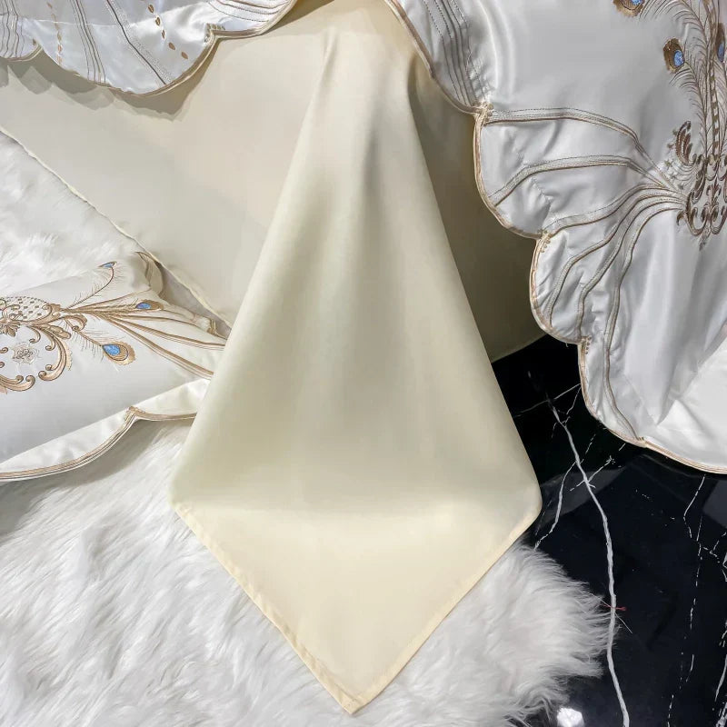 DecorBites™ Gold Feather Embroidery Egyptian Cotton Patchwork Bedding Set