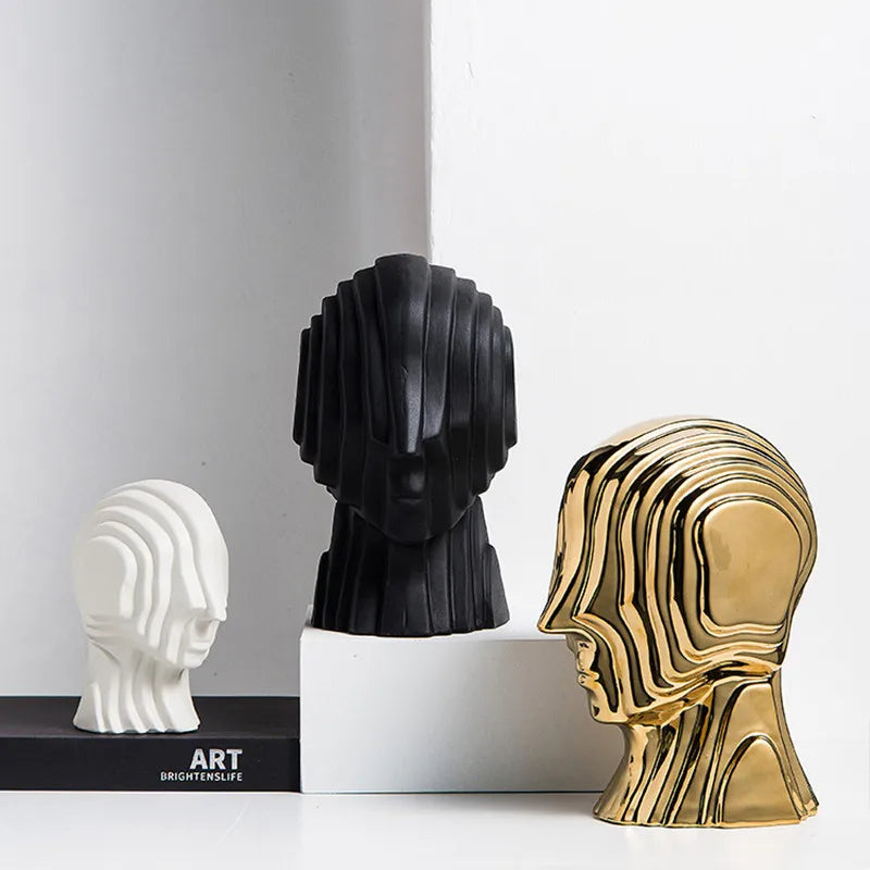 DecorBites™ Geometric Ceramic Head Sculpture | Golden Alien Figurine