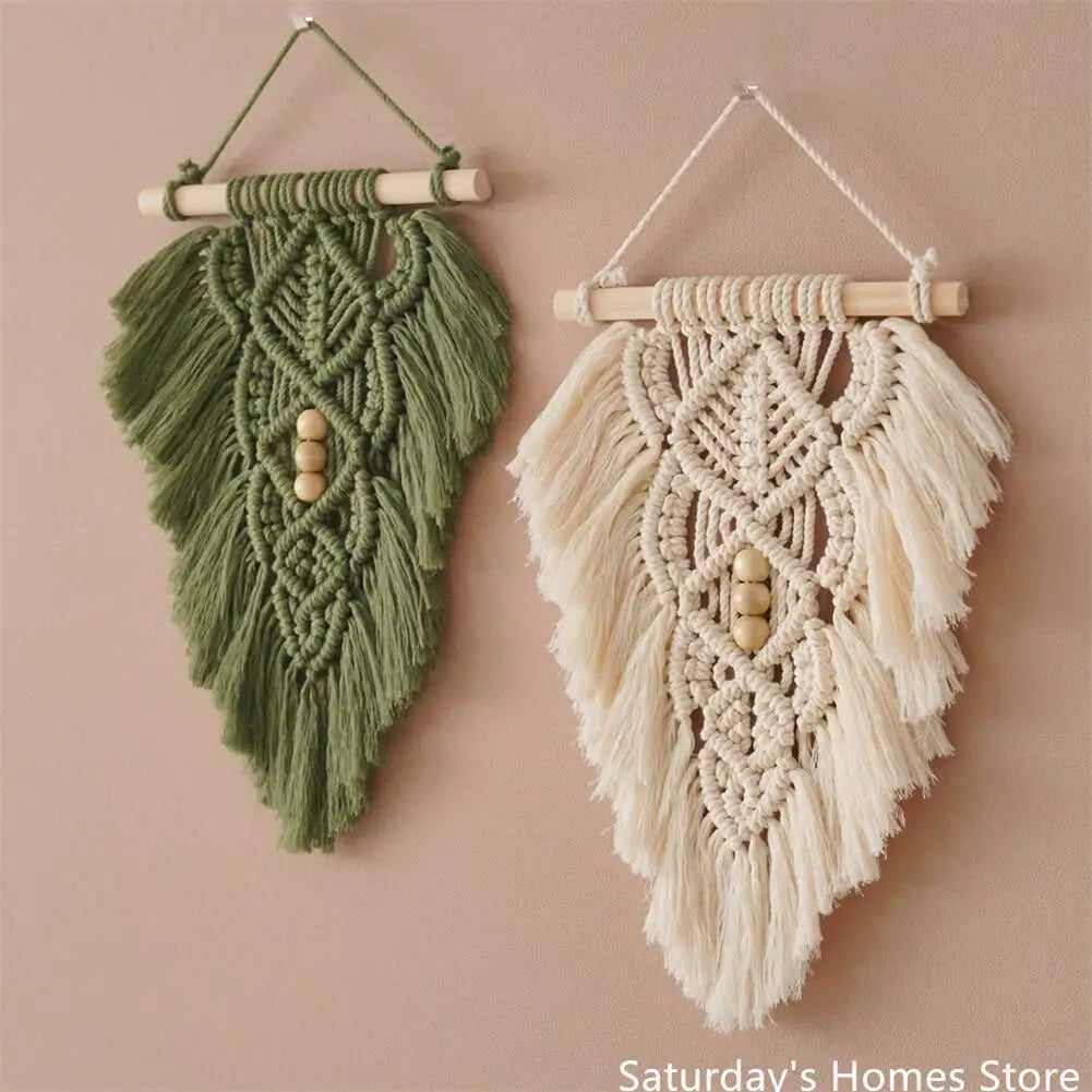DecorBites™ Handmade Macrame Leaf Hanging Tapestry Wall Decoration Mini Tapestry with Wood Stick