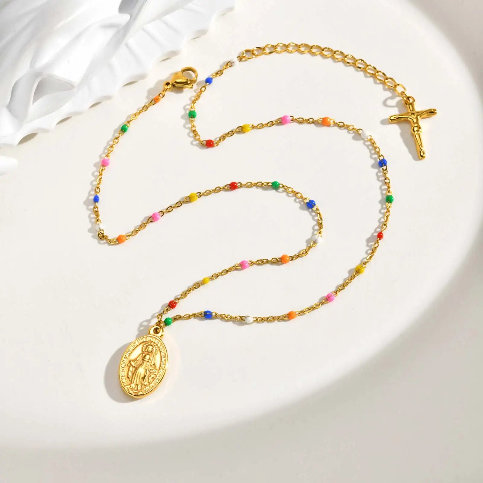 Bohemian Colored Virgin Oval Necklace | Gold Plated Stainless Steel Rosary Chain