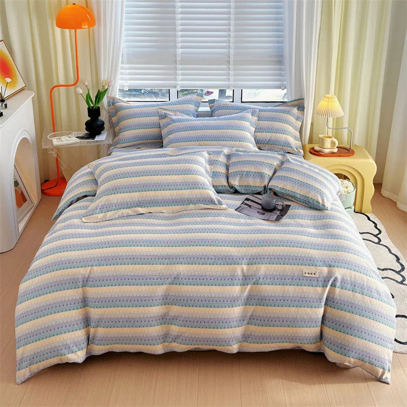DecorBites™ Cotton Stripe Comforter Cover Set for Single Double Bed - Autumn Winter