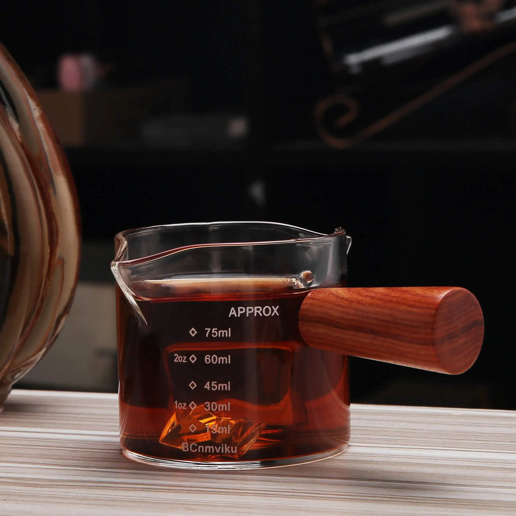 DecorBites™ Glass Espresso Pitcher with Double Spouts and Wooden Handle