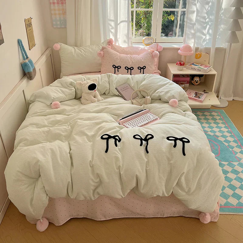 DecorBites™ Korean Princess Bow Lattice Pompom Bedding Set - Single Queen Size
