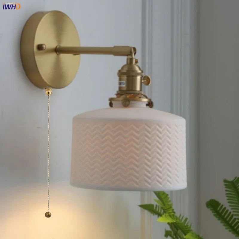 DecorBites™ Copper LED Sconce Wall Lamp Pull Chain Switch Nordic Modern Ceramic Mirror Light