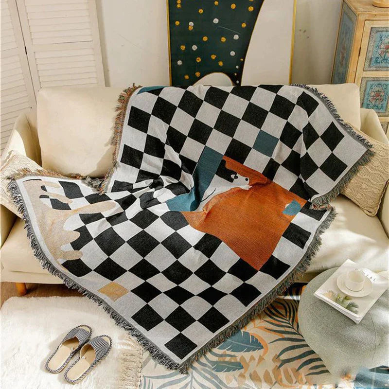DecorBites™ Cozy Plaid Wool Blend Crochet Checkerboard Blanket