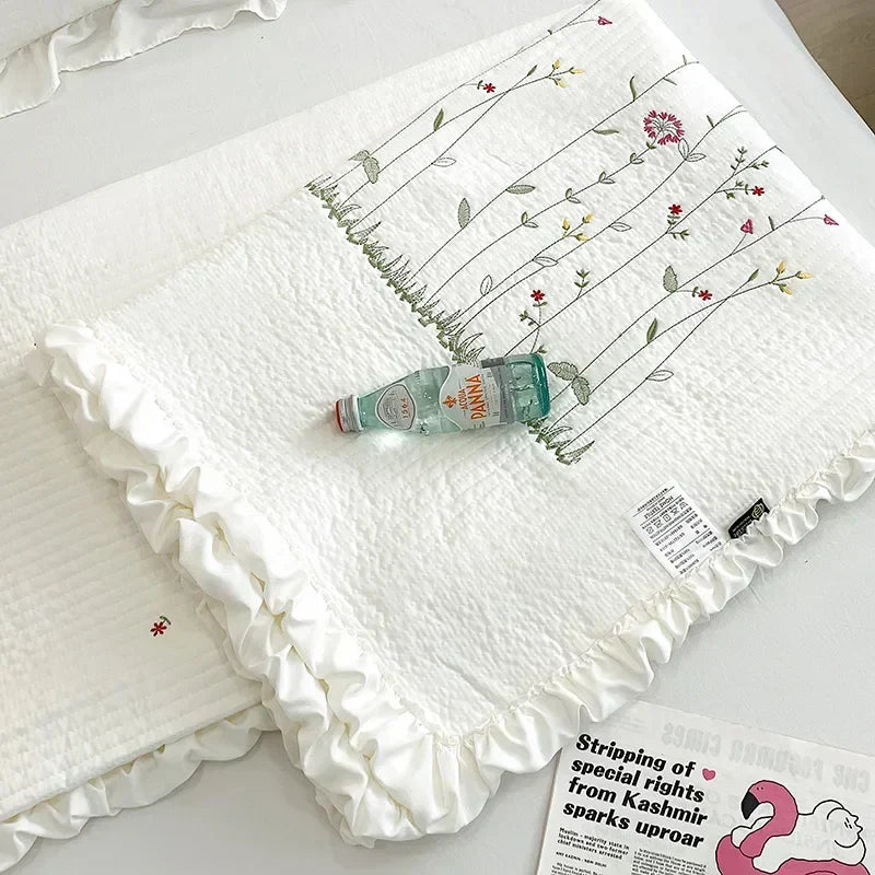 DecorBites™ Fresh Flower Embroidered Summer Quilt Set - Lightweight Ruffled Comforter