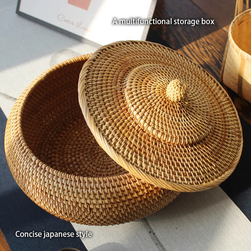 DecorBites™ Handwoven Rattan Storage Box With Lid - Kitchen Food Container & Home Organizer