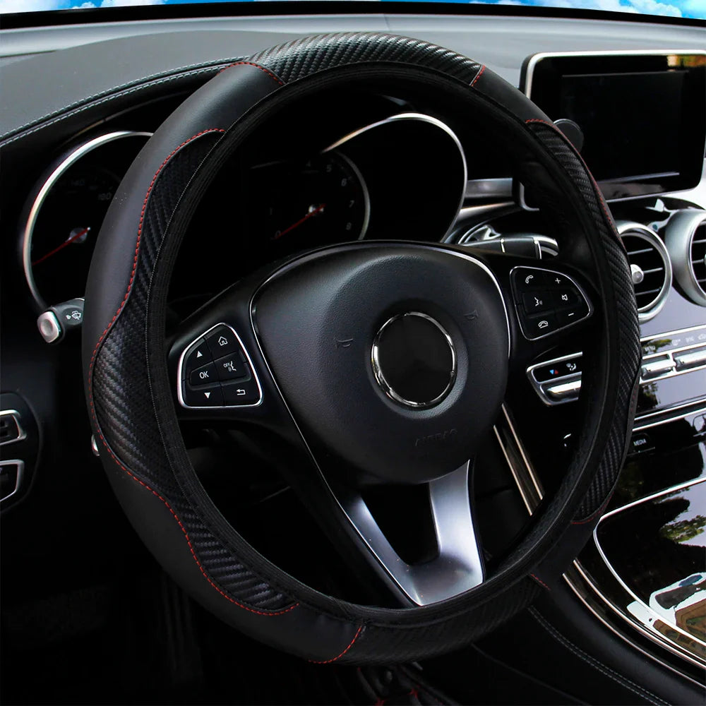 PU Carbon Fiber Leather Car Steering Wheel Cover | 14.5-15 Inch Grip Enhancer