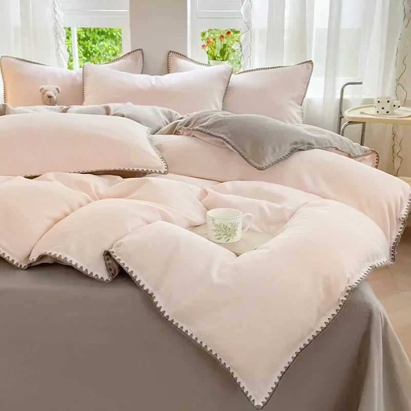 DecorBites™ Double-Layer Cotton Bedding Set - Soft, Skin-Friendly Solid Cover for Single Queen Bed