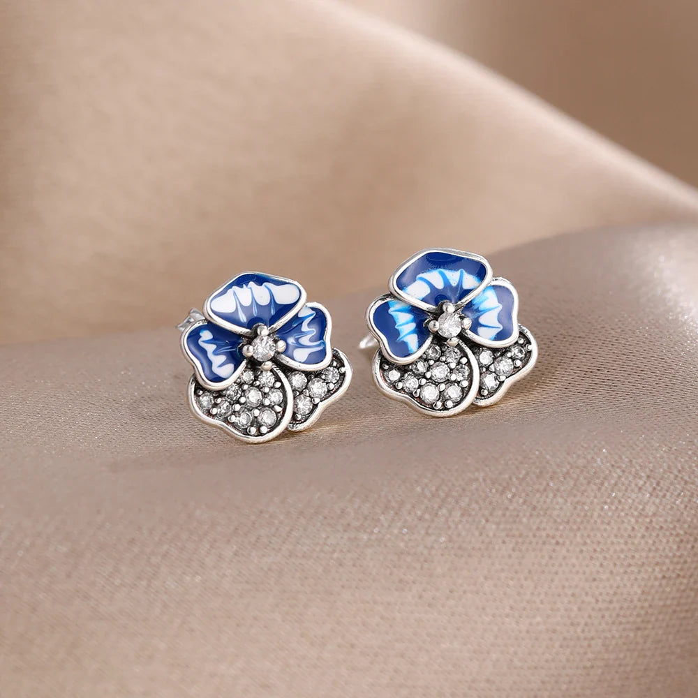 2026 New Fashion Hoop Earrings Set for Women | Ginkgo Leaf Enamel Flower Stud, Cute Crown Heart Zircon Earrings