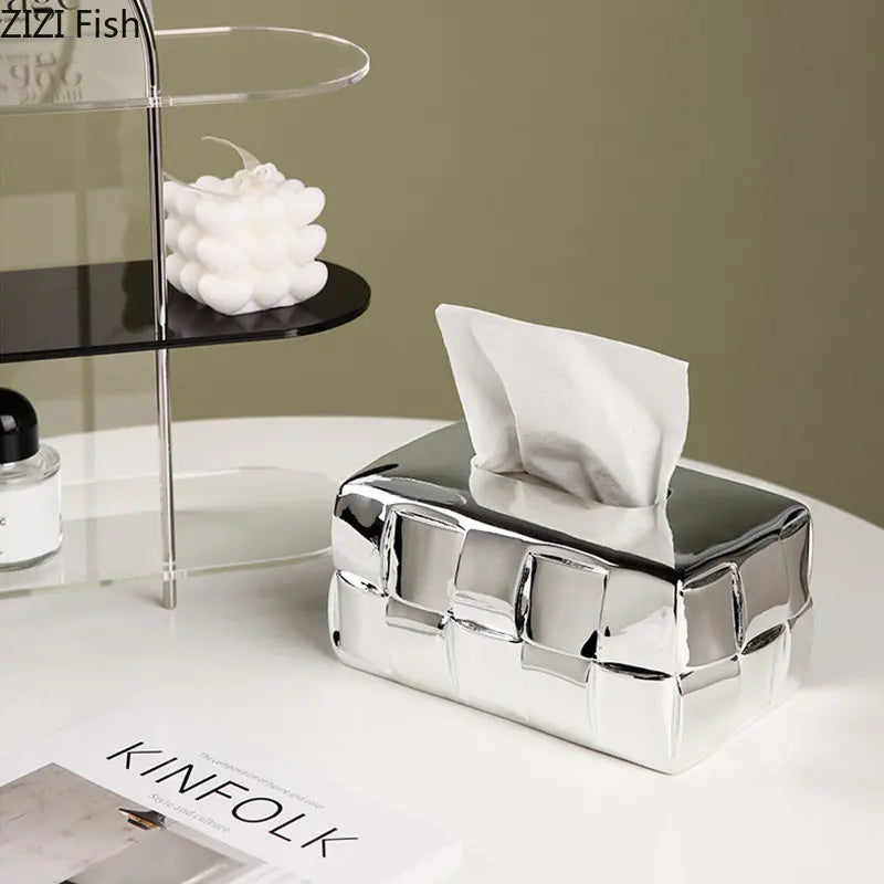 DecorBites™ Geometric Grain Silver Check Tissue Box Holder & Desktop Organizer