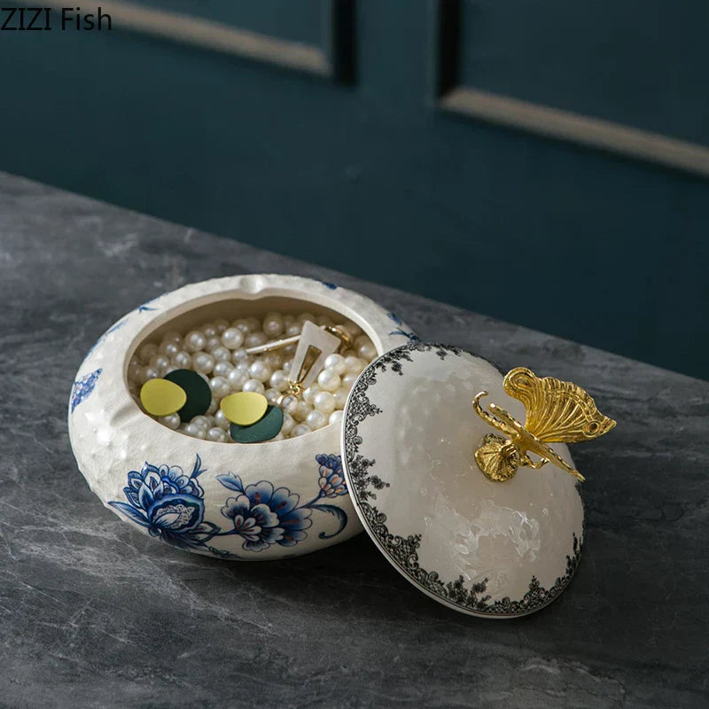 DecorBites™ Dragonfly Lid Ceramic Jewelry Box - Round Floral Pattern Storage Jar