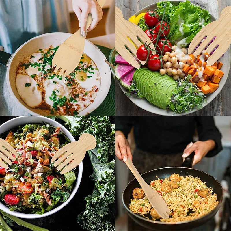 DecorBites™ Bamboo Salad Hands and Spoon Set for Kitchen Gadget Use