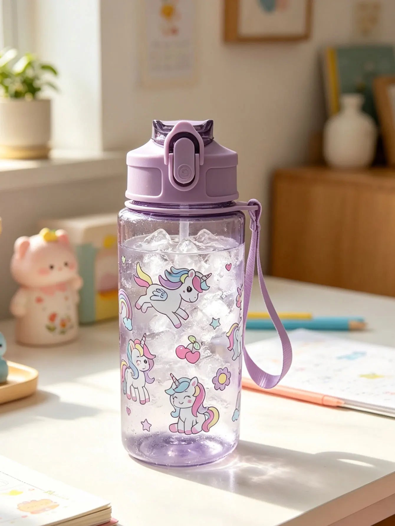 1 Piece 500ml (19 fl oz) Cartoon Printed Straw Cup | BPA-Free Summer Plastic Water Bottle