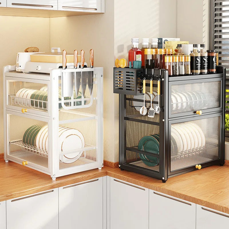 DecorBites™ Double-layer Kitchen Dish Drying Rack with Chopstick Cage and Tableware Basket