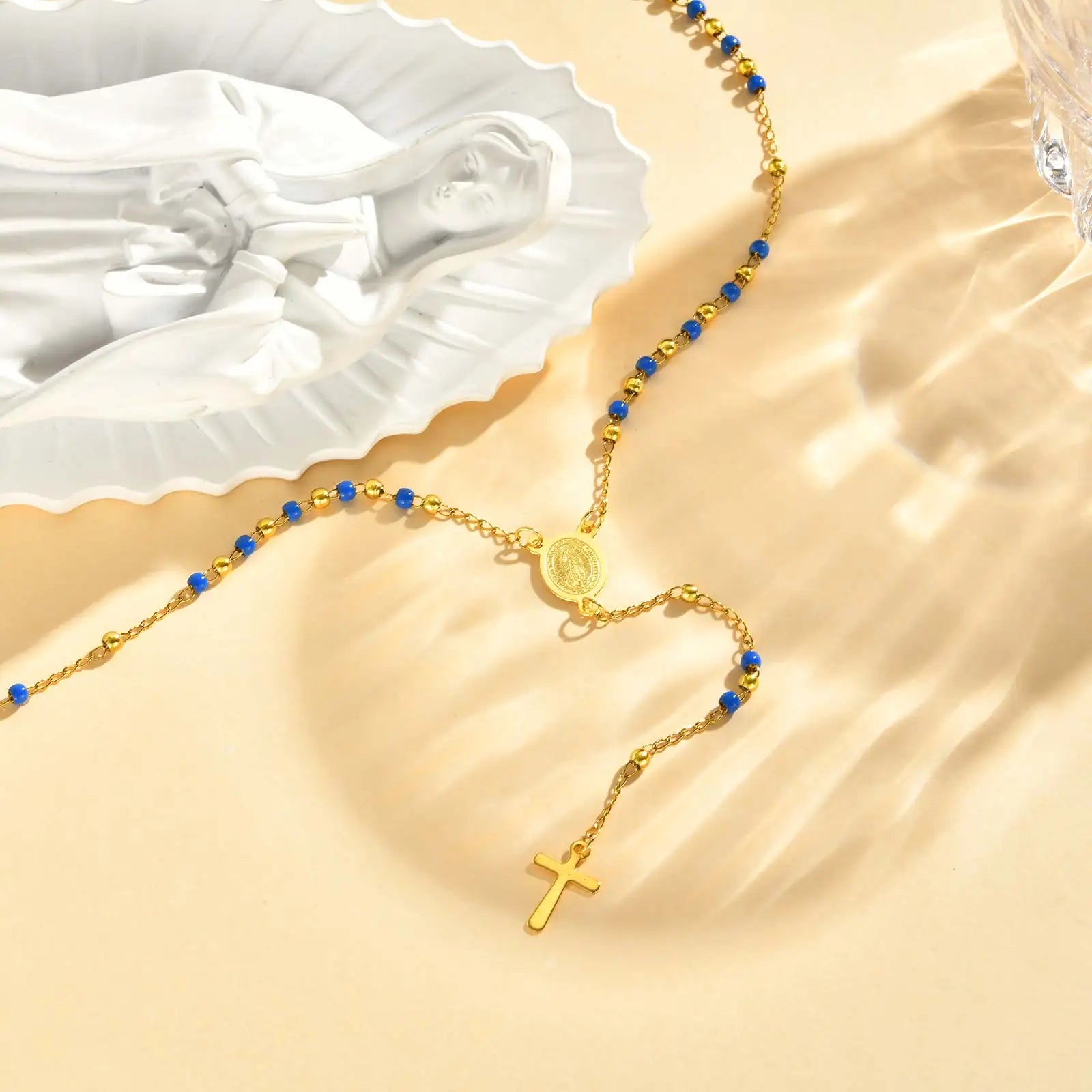 Colored Bead Y-Shaped Cross Necklace | Stainless Steel Catholic Rosary Jewelry for Women