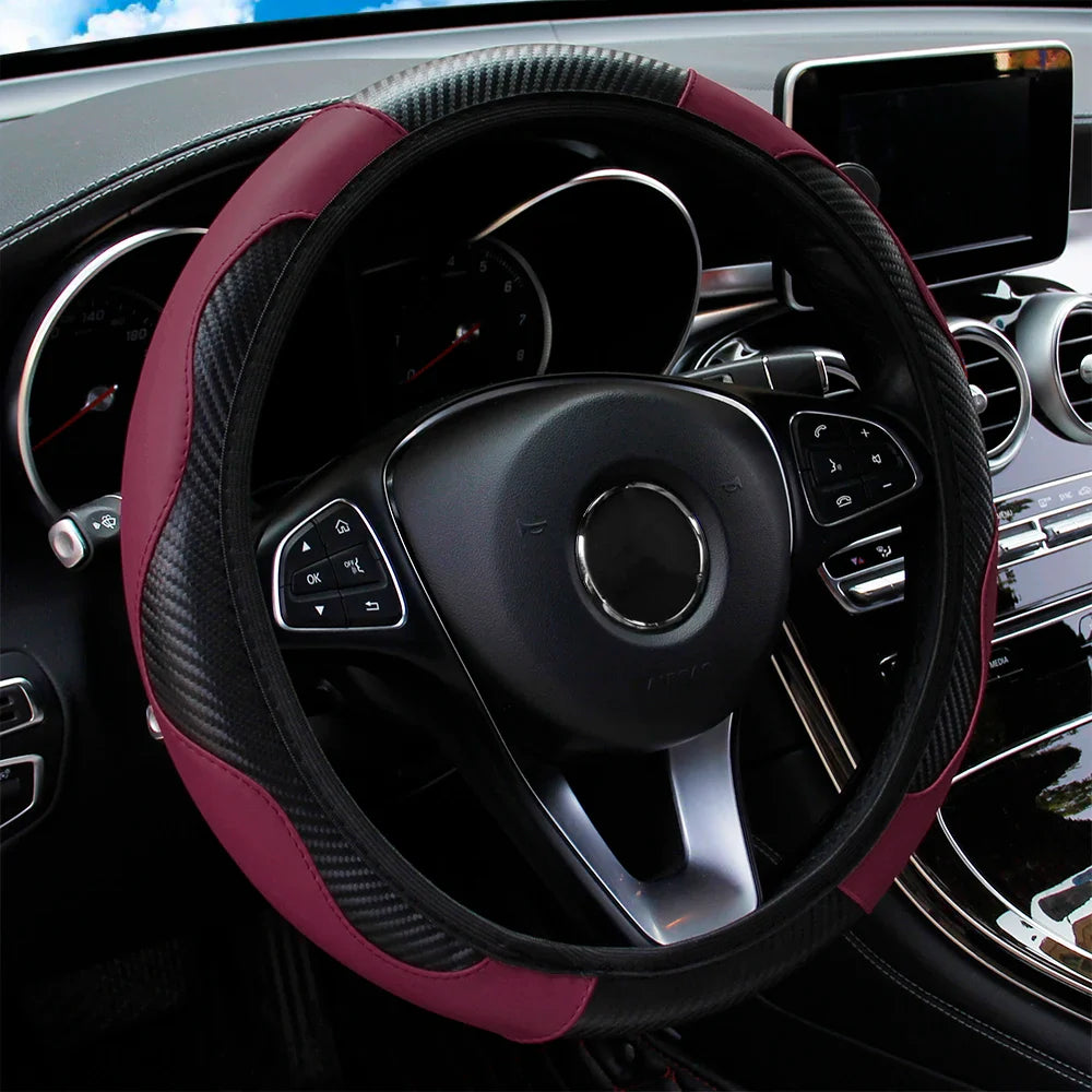 PU Carbon Fiber Leather Car Steering Wheel Cover | 14.5-15 Inch Grip Enhancer