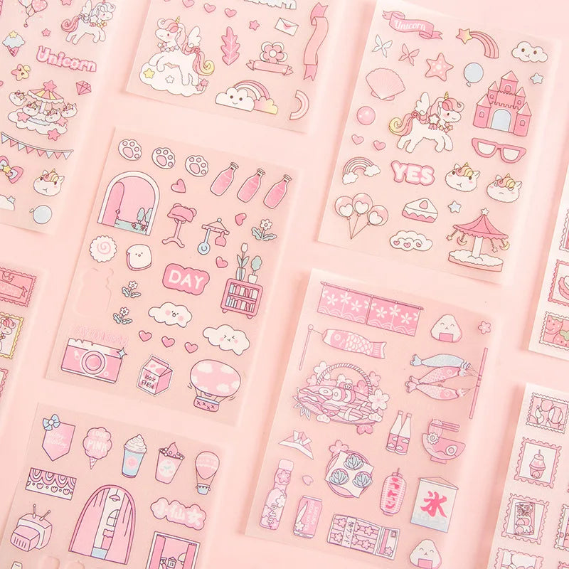 4-Piece Pink PET Sticker Pack | Kawaii Decorative Scrapbooking Set