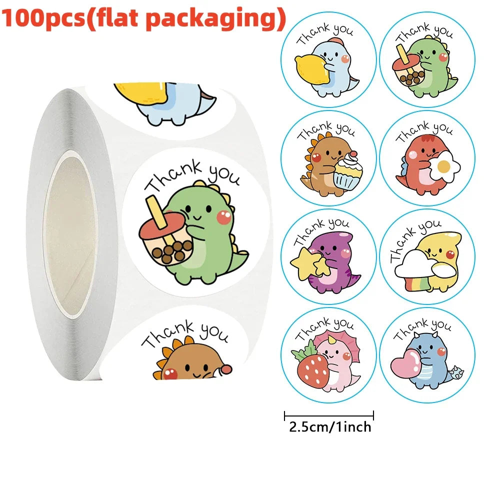 50/100/500pcs Cartoon Dinosaur Thank You Stickers | 1 Inch Round Labels for Packaging, Gifts, and Baking
