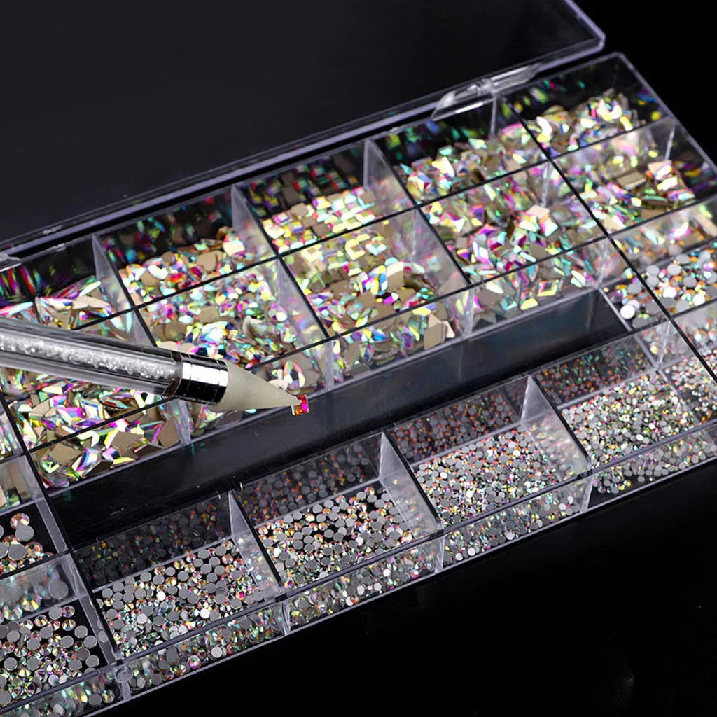 21 Grid Nail Art Rhinestone Set - Multi-Style Flat Bottom Glass Diamonds