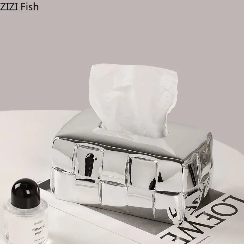 DecorBites™ Geometric Grain Silver Check Tissue Box Holder & Desktop Organizer