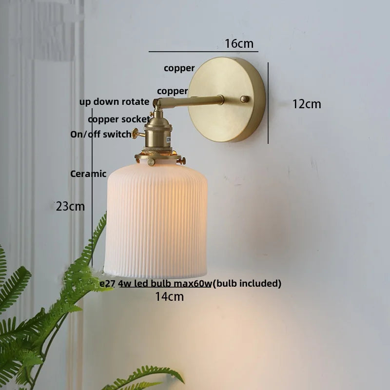 DecorBites™ Copper LED Sconce Wall Lamp Pull Chain Switch Nordic Modern Ceramic Mirror Light