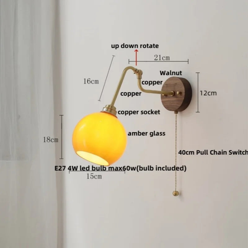 DecorBites™ Copper Glass Wall Sconce Amber LED Rotate Modern Bathroom Mirror Light