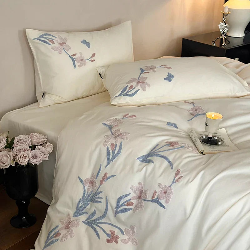 DecorBites™ Elegant Flower Embroidery Cotton Bedding Set - Single Queen King Sizes