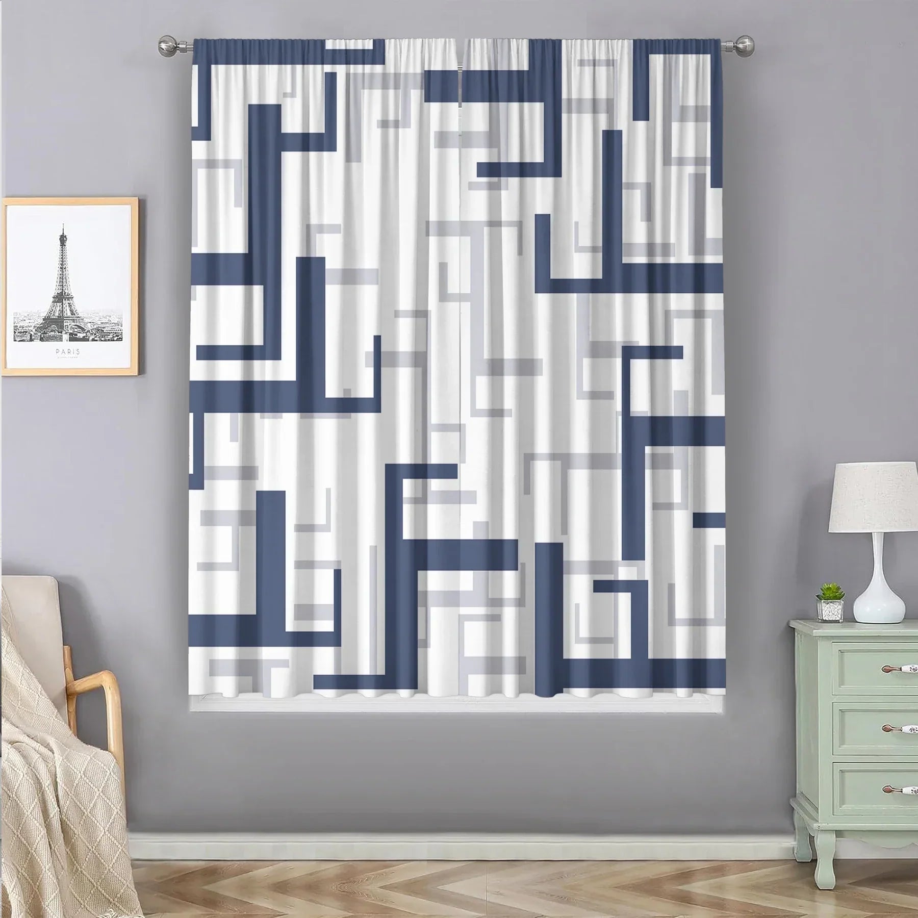 DecorBites™ Geometric Grid Printed Curtain Set for Bedroom, Garden & Balcony