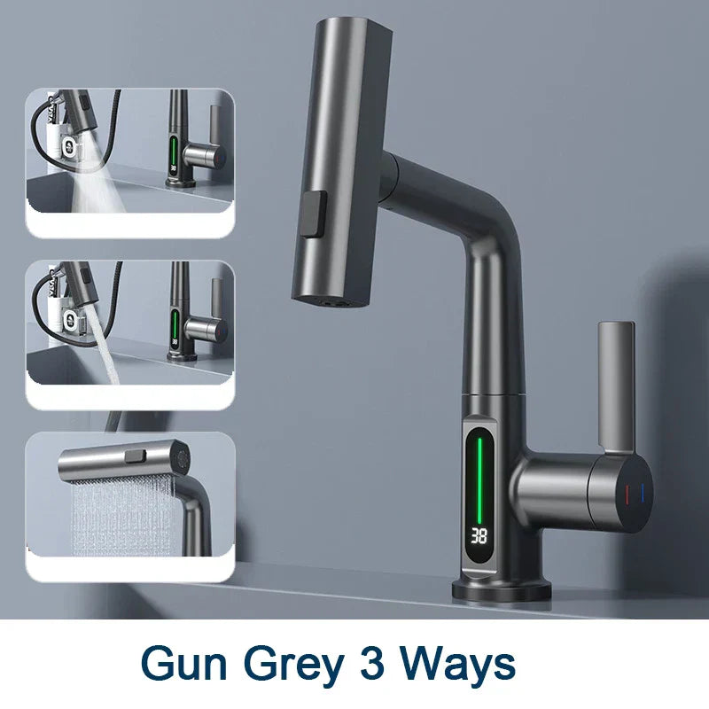 DecorBites™ Digital Display Basin Faucet with 3-Way Nozzle: Pull Out, Rainfall Stream, Hot Cold Mixer