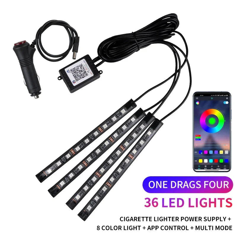 Neon LED Car Interior Ambient Light Kit - RGB Foot Strip with Remote & App Music Control