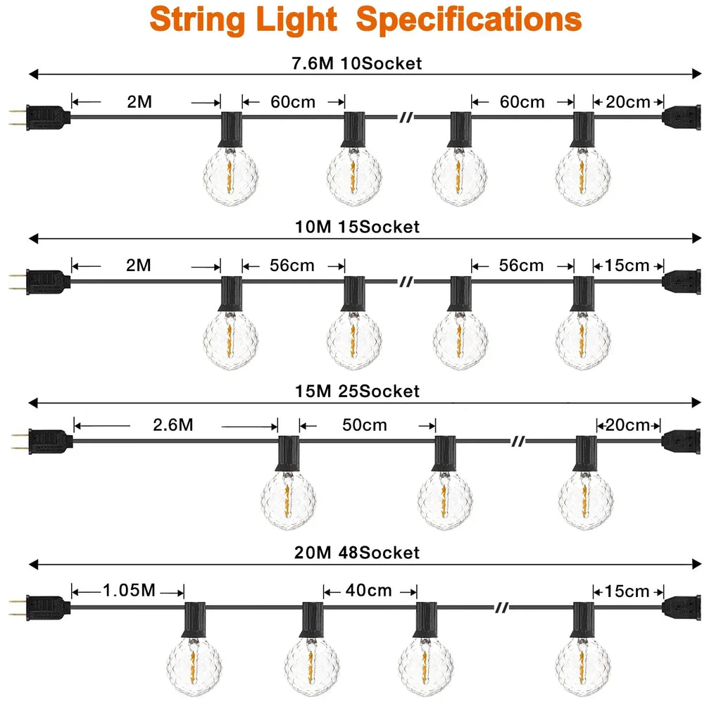 DecorBites™ Dimmable LED G40 String Lights | 50FT 65FT Connectable Outdoor Fairy Light