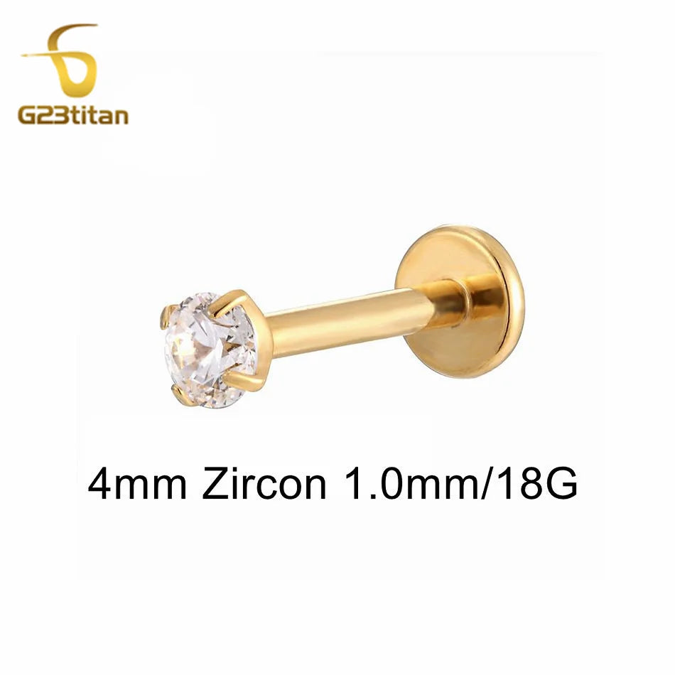16G 18G Titanium Labret Stud Nose Ring | Zircon Internally Threaded Body Jewelry for Tragus and Helix