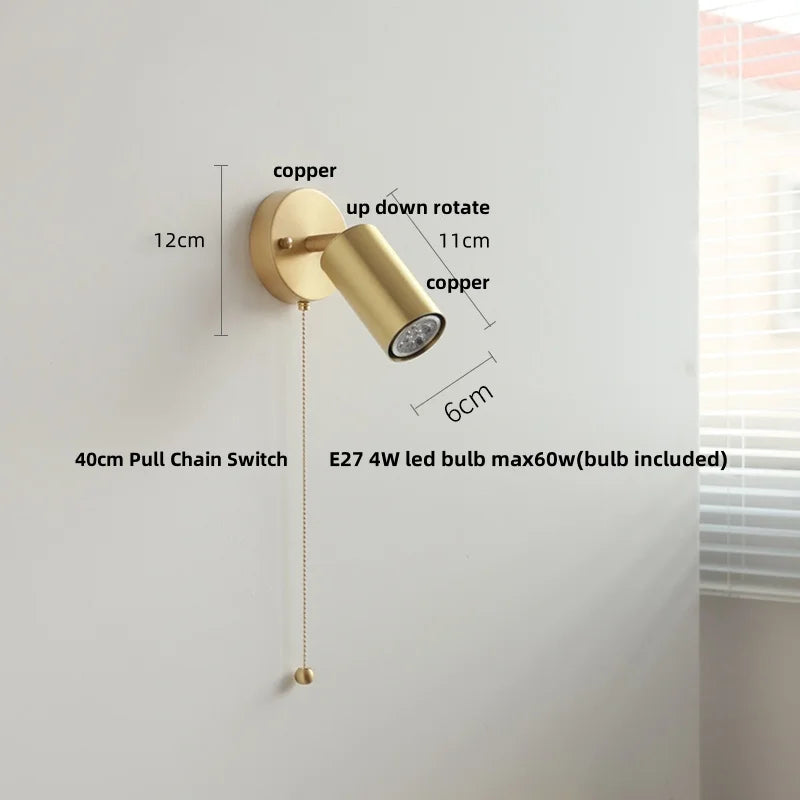 DecorBites™ Copper Lampshade LED Wall Sconce Pull Chain Switch Nordic Modern Walnut Wood Mirror Light