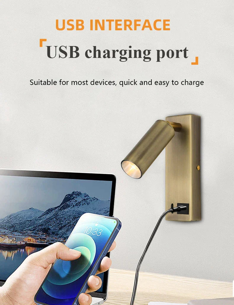 DecorBites™ Black Brass LED Wall Lamp Sconce with Switch and USB Port, 3W Spotlight