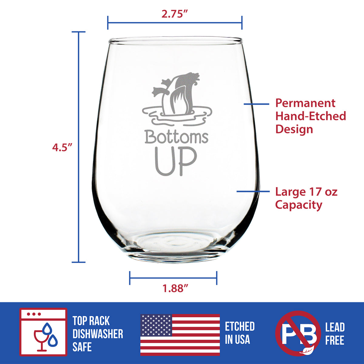 Bottoms Up - 17 Ounce Stemless Wine Glass