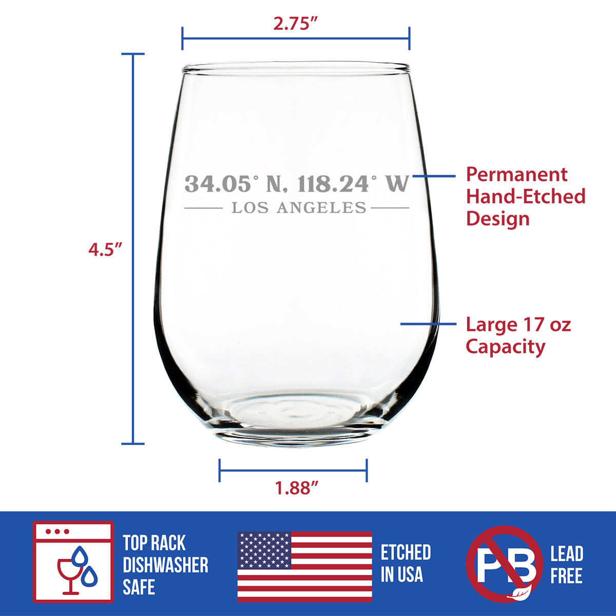 Los Angeles Coordinates - 17 Ounce Stemless Wine Glass