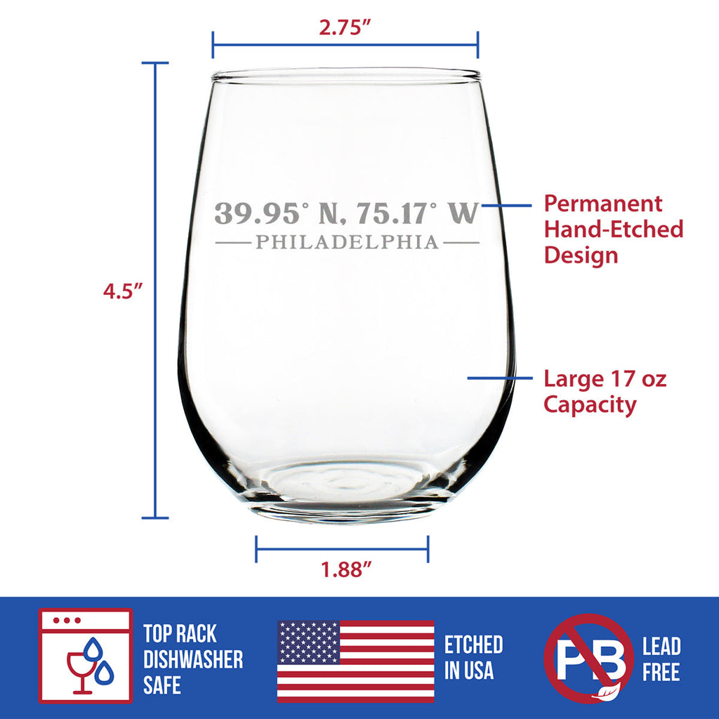 Philadelphia Coordinates - 17 Ounce Stemless Wine Glass