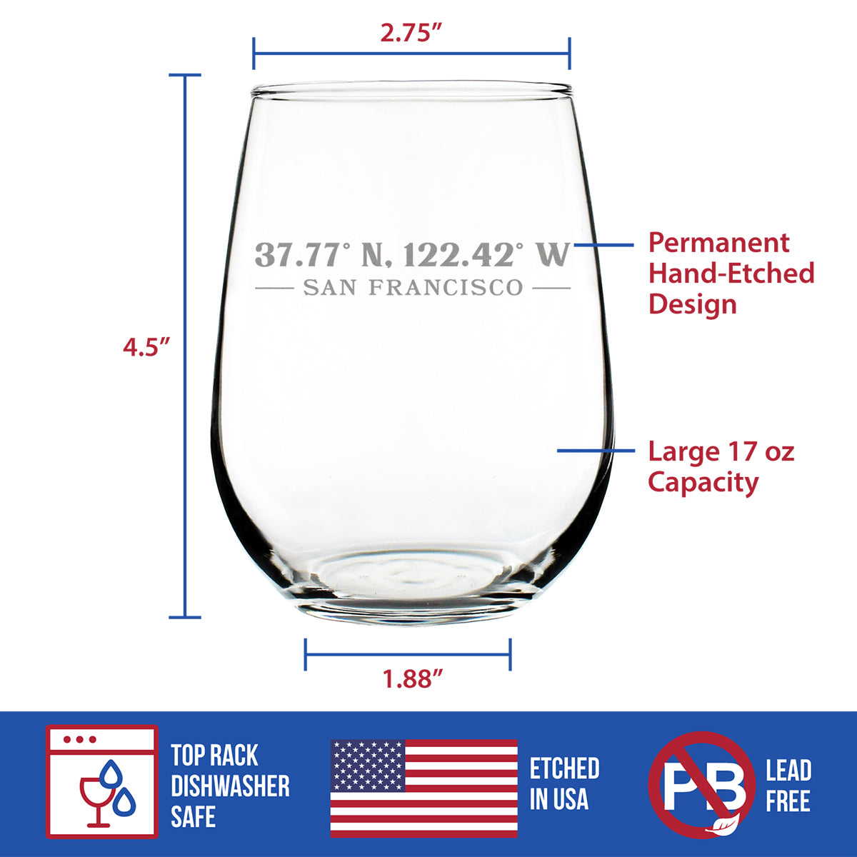 San Francisco Coordinates - 17 Ounce Stemless Wine Glass