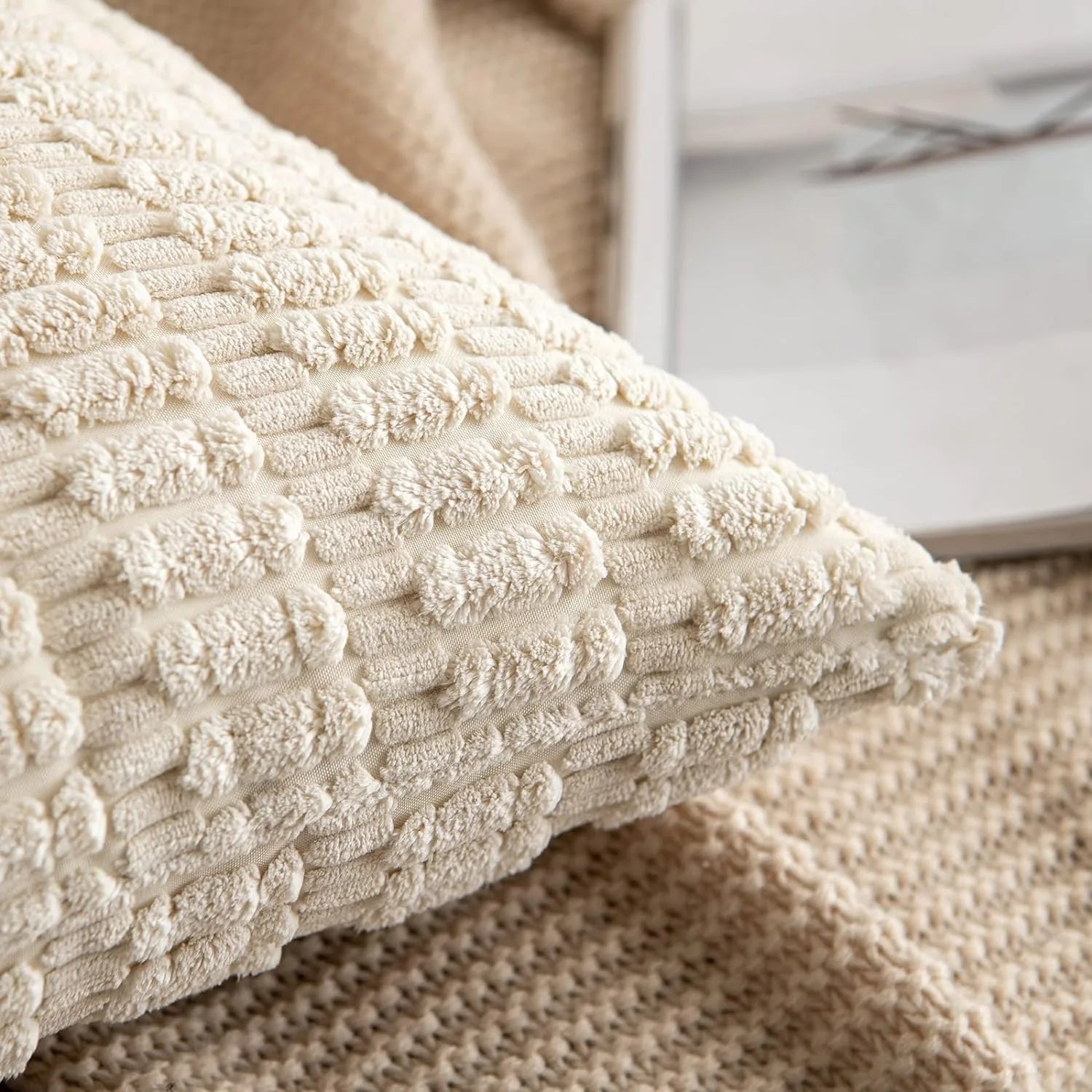 DecorBites™ Corduroy Striped Throw Pillow Covers | Soft White Decorative Square Cushion Case