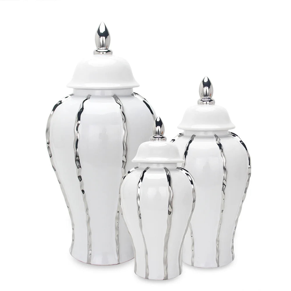 DecorBites™ Silver Striped Porcelain Ginger Pot Vase.
