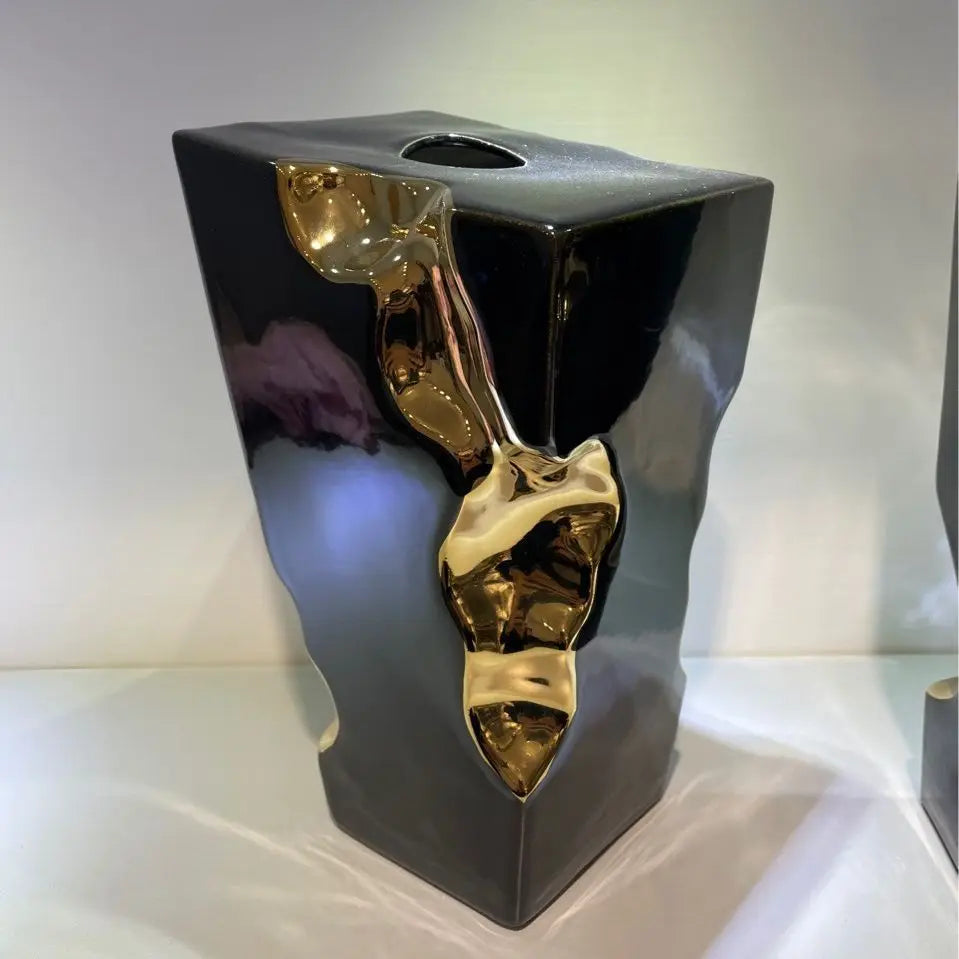 DecorBites™ Golden Notch Ceramic Vase Geometric Square Design Home Decor Accessory