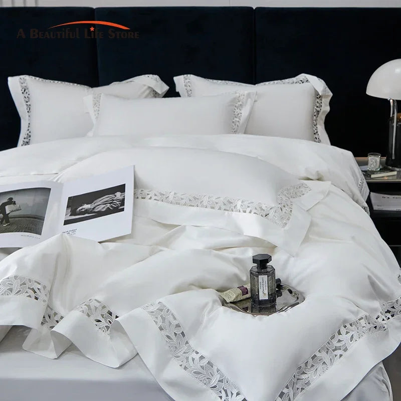 DecorBites™ 1200TC Egyptian Cotton Bedding Set with Hollow Lace Broad Side